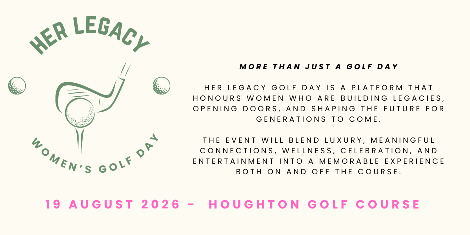Her Legacy Women's Golf Day event banner at Houghton Golf Course on 19 August 2026